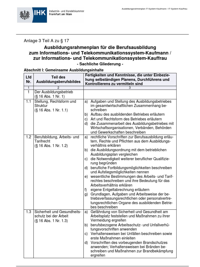 IT System Kaufmann Ausbildungsrahmenplan
