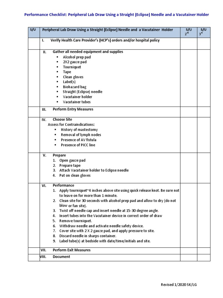 Peripheral Lab Draw Using A Straight Needle and A Vacutainer Holder PDF Medicine