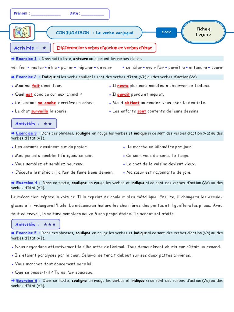 Exercices sur verbes d'état et d'action | PDF | Arts du langage et ...