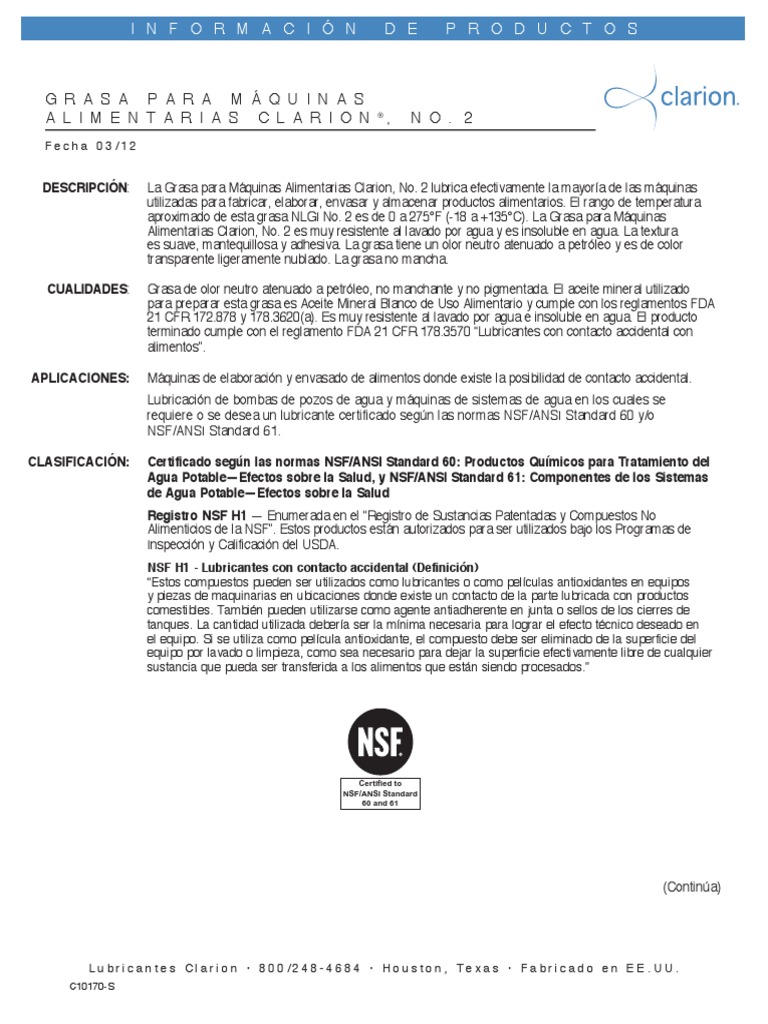 Ficha Tecnica Grease Food Machinery Pds Español PDF Alimentos