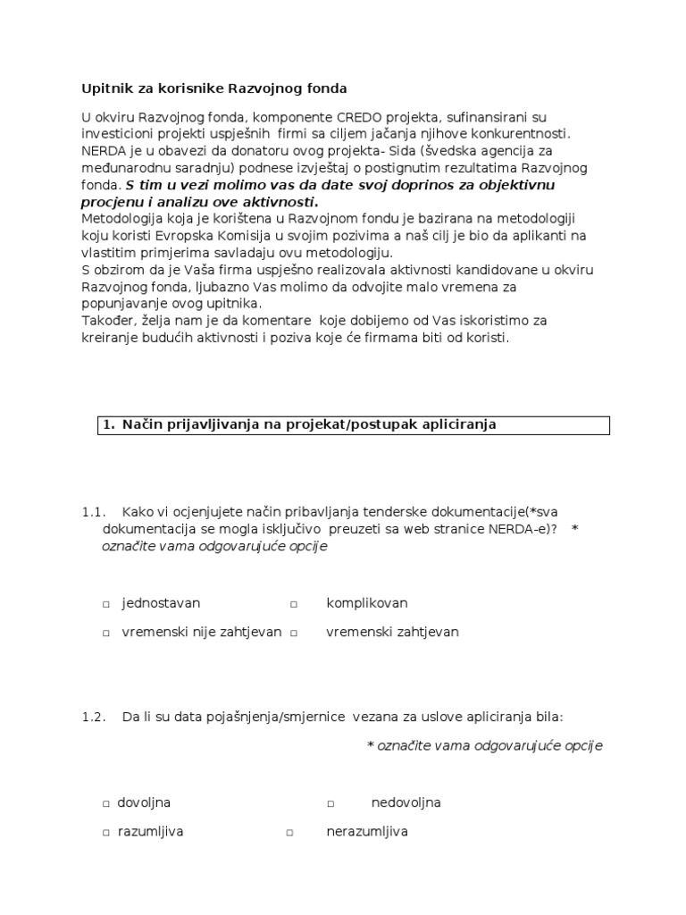 Upitnik za korisnike Razvojnog fonda | PDF