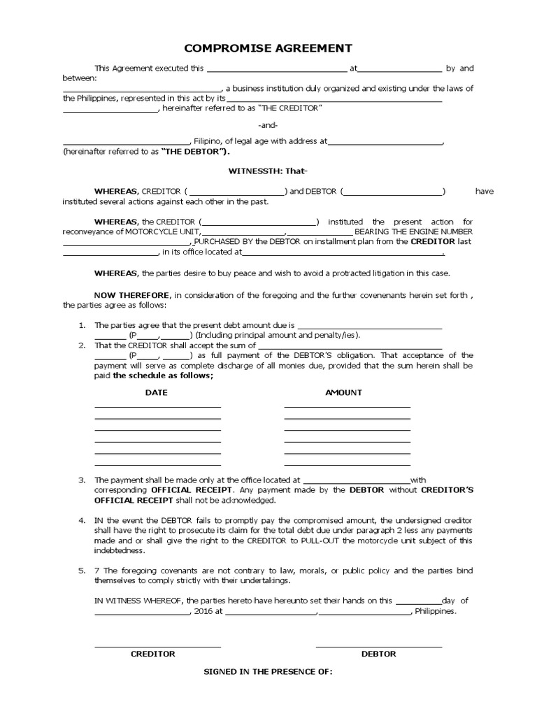 Compromise Agreement | PDF | Debtor | Payments