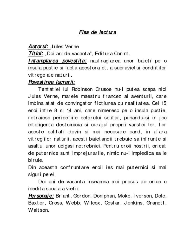 Doi Ani De Vacanta Fisa De Lectura