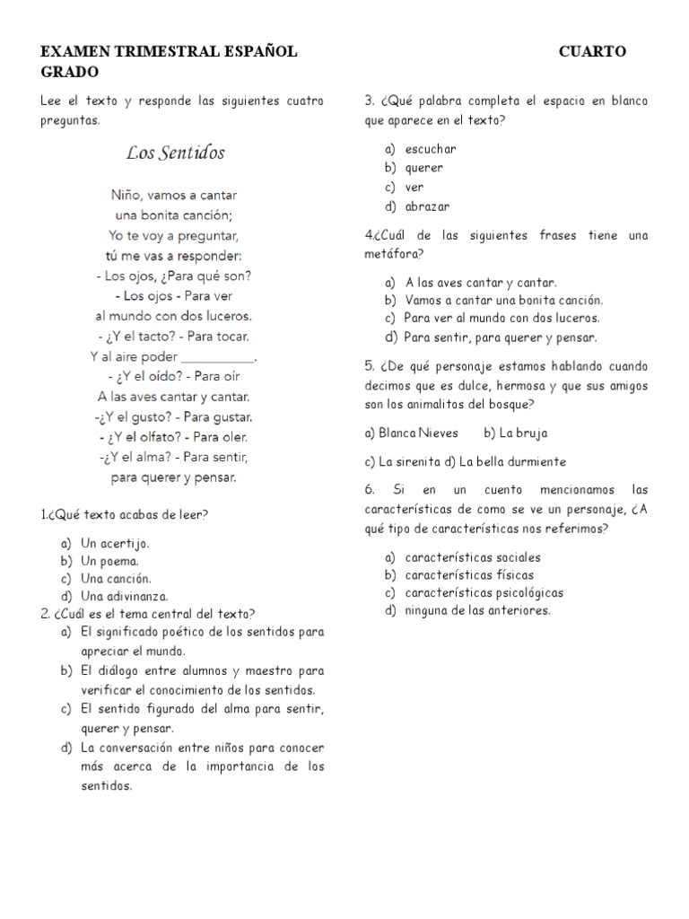 Examen Trimestral de Español 4° Grado | PDF | Artes del Lenguaje y ...