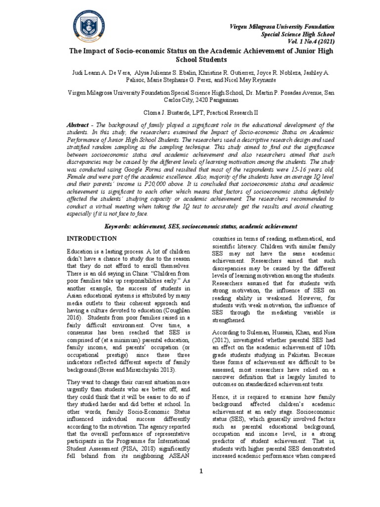 SES Impact on Junior High Achievement | PDF | Socioeconomic Status ...