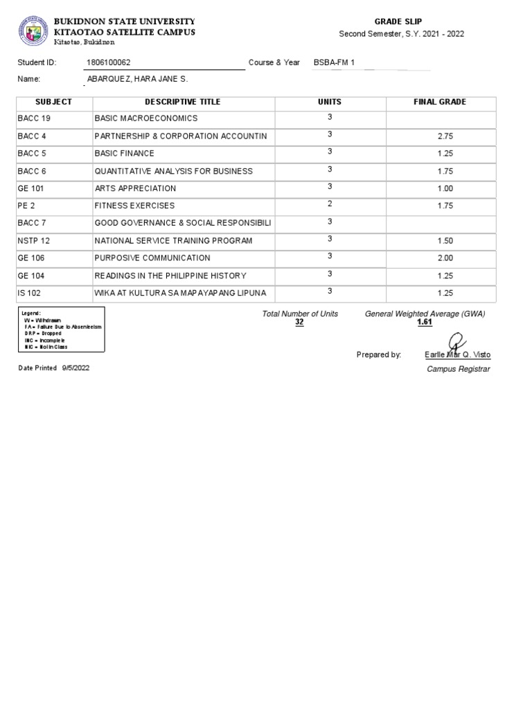 Kitaotao Campus Grade Slip 2021-2022 | PDF
