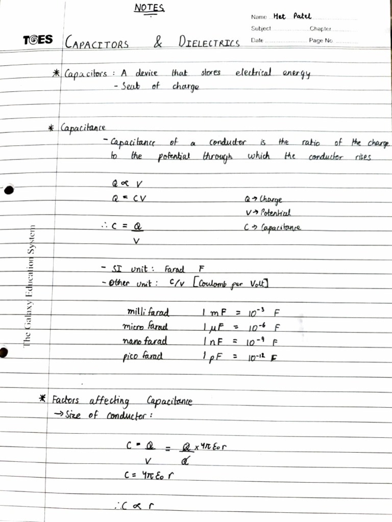 Capacitors & Dielectrics Notes PDF Capacitor Quantity