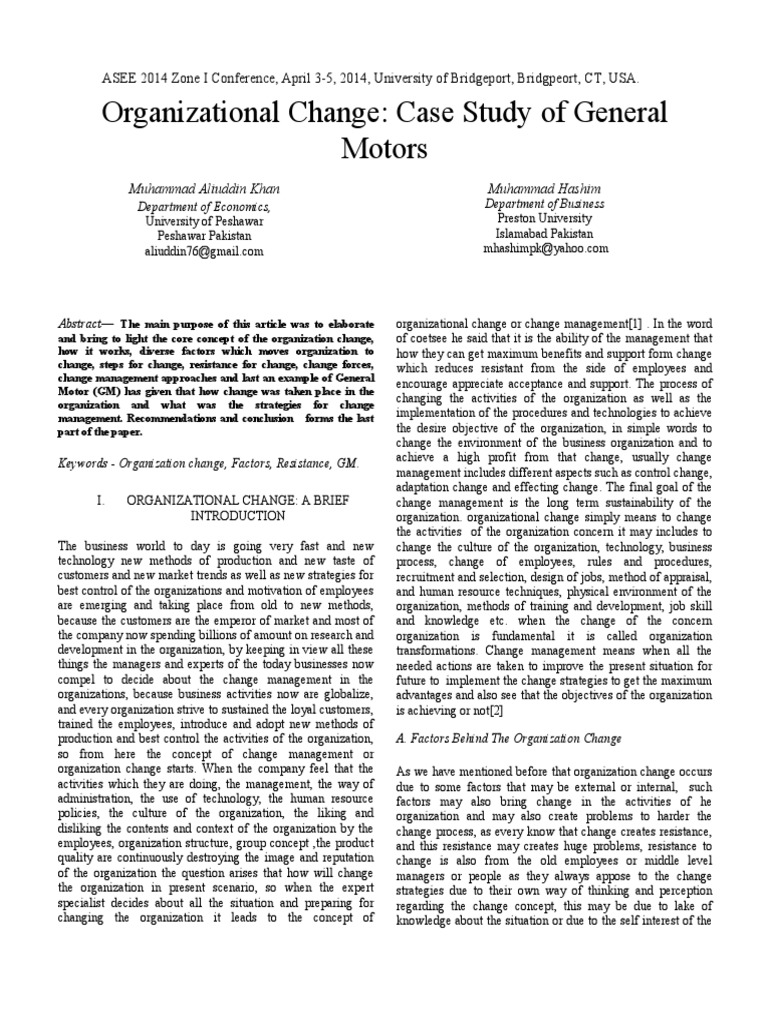 Organizational Change Case Study of Gene PDF Change Management General Motors