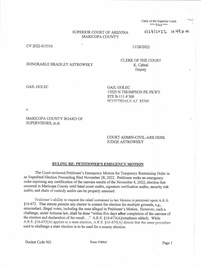 Minute Entry Ex Parte Restraining Order To Stop Maricopa County Canvass