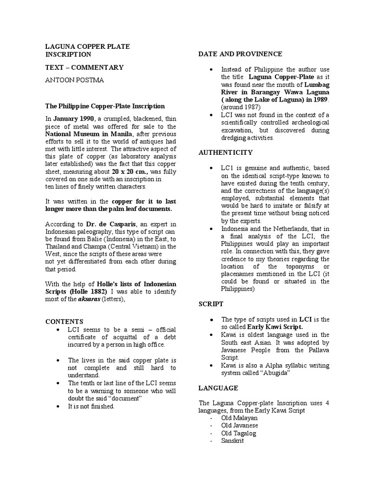 LAGUNA COPPER PLATE INSCRIPTION - Summary and Interpretation | PDF ...