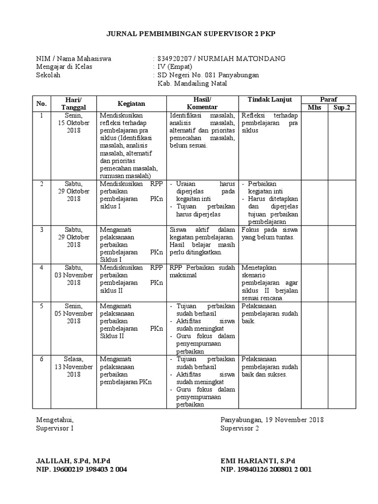 Jurnal Pembimbingan Supervisor PKP 2018 | PDF
