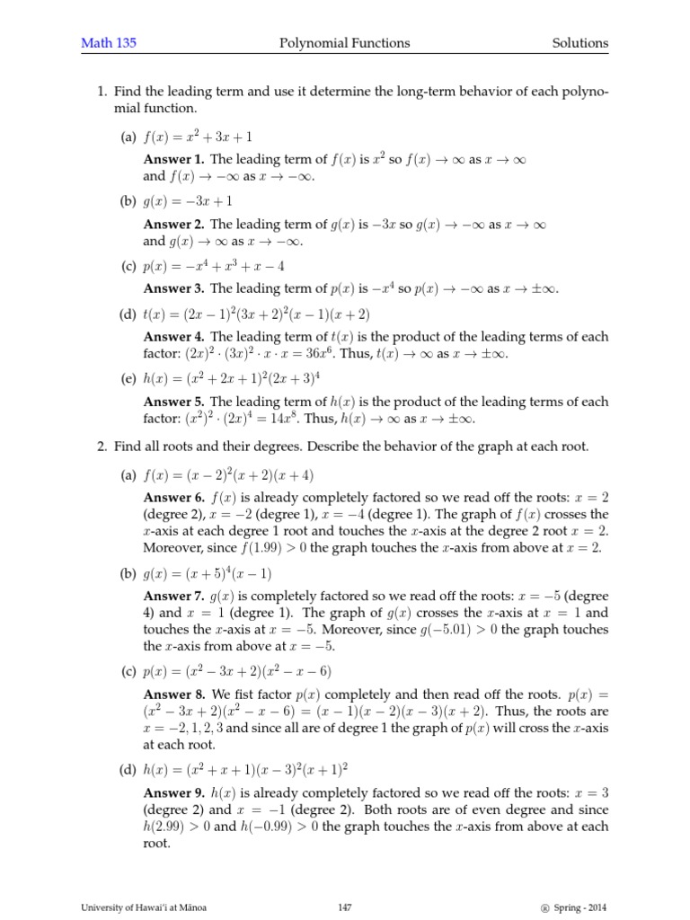 Polynomial Functions Solutions Guide | PDF | Zero Of A Function ...