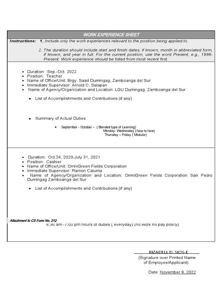 Cs form no 212 work experience sheet pdf