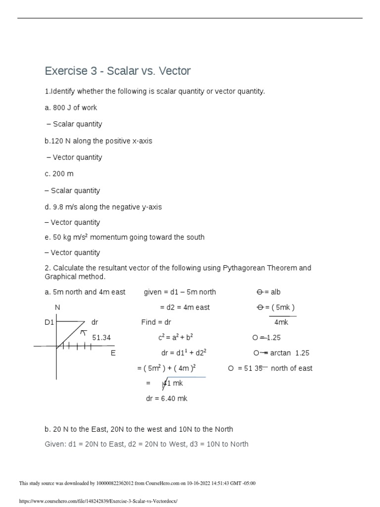 Exercise 3 Scalar vs. Vector | PDF | Quantity | Mathematical Concepts