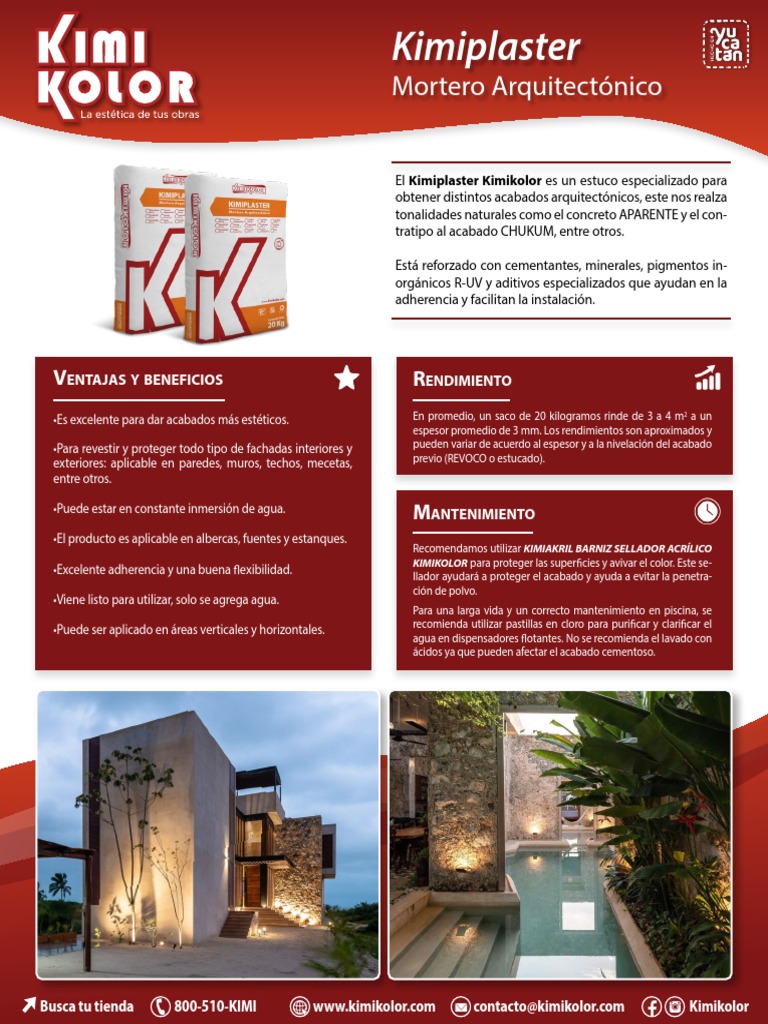 Ficha Tecnica Kimiplaster Mortero Arquitectonico | PDF | Agua | Materiales