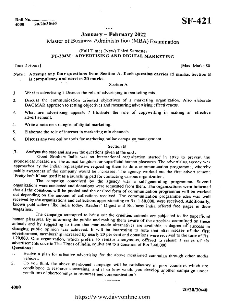 Advertising and Digital Marketing Question Paper PDF