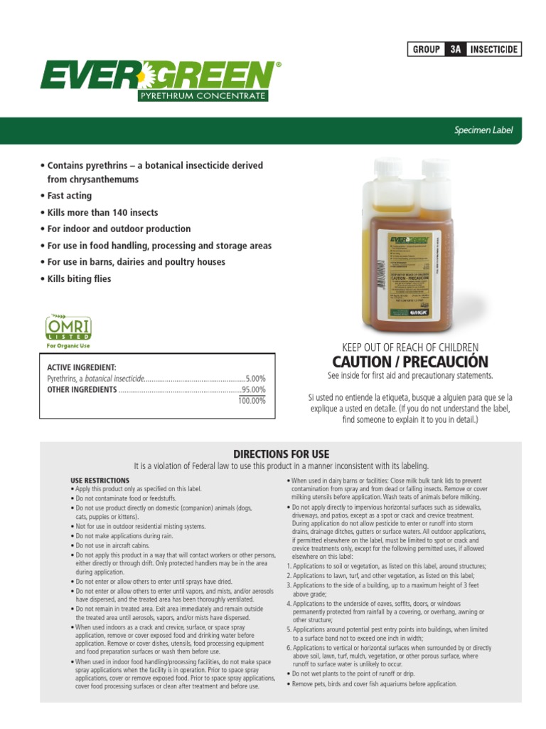 EverGreen Pro Pyrethrum Concentrate Specimen Label | PDF | Insecticide ...