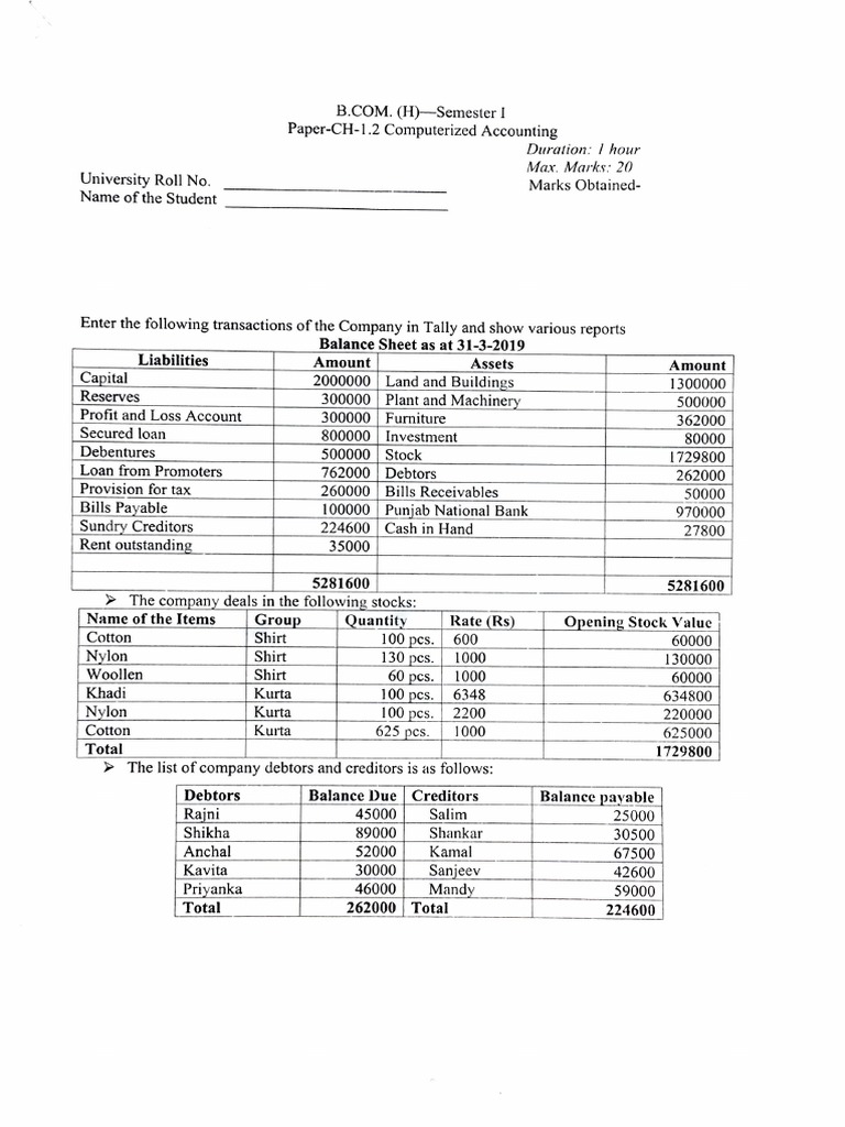 Tally Question Paper PDF Balance Sheet Corporations