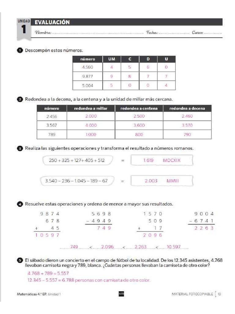 Exame Unidad 1 Matemáticas 4 Primaria Mas Savia | PDF