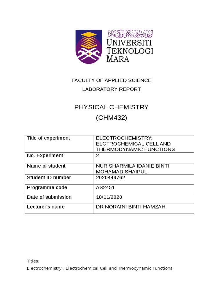 Electrochemistry Lab Report PDF