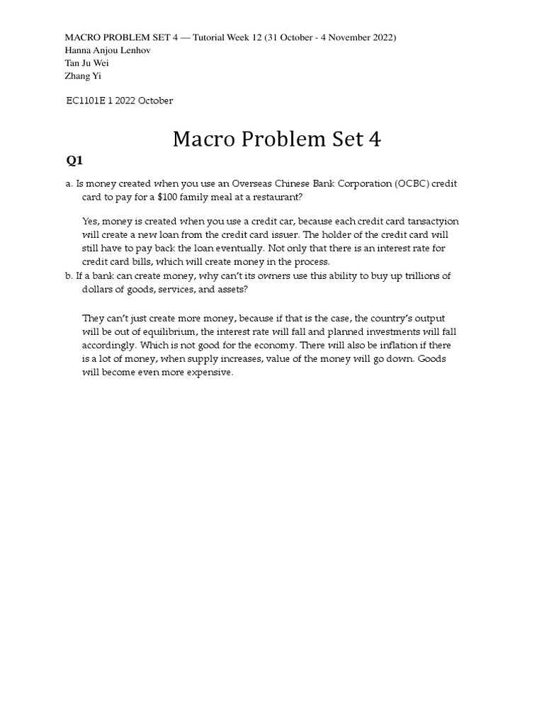 Macro Problem Set 4: Banking Concepts | PDF | Banks | Debits And Credits