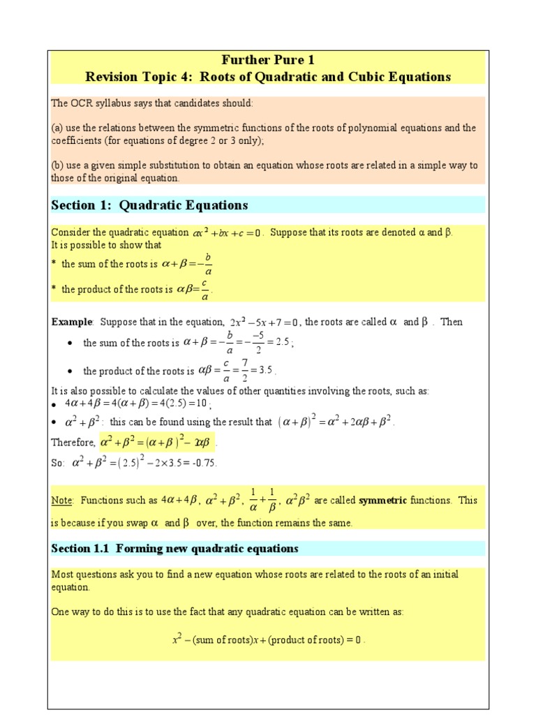 Revision Roots of Quadratics and Cubics | PDF | Quadratic Equation ...