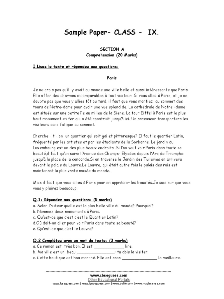 Sample Paper Grade IX French | PDF | Paris