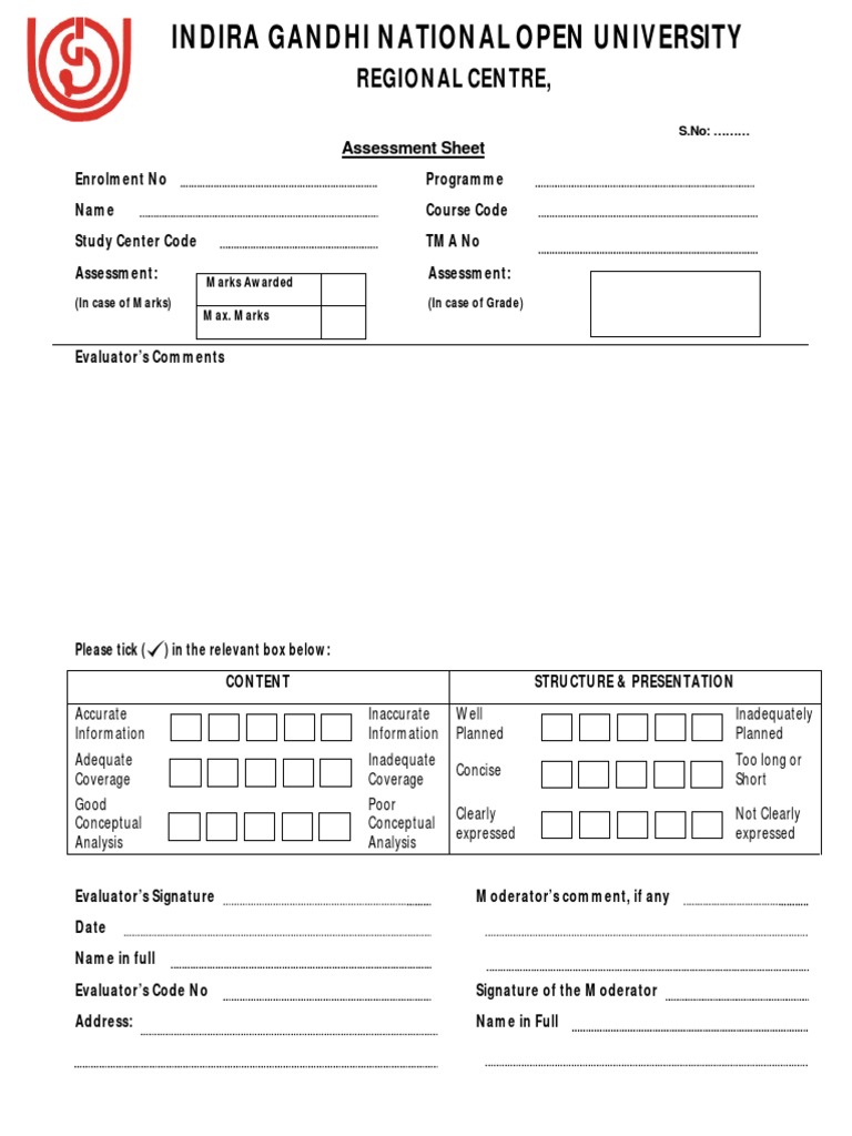 Ignou Assignment Evaluation Sheet Pdf Pdf
