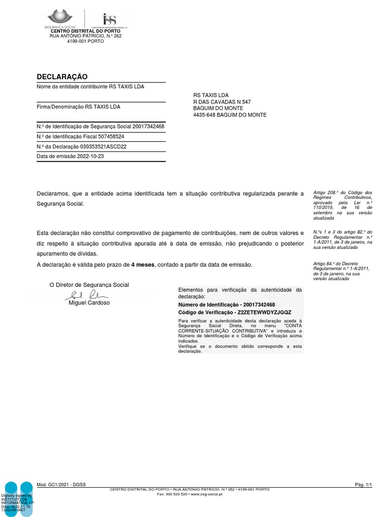 Declara o Seguran a Social RS T xis Lda PDF