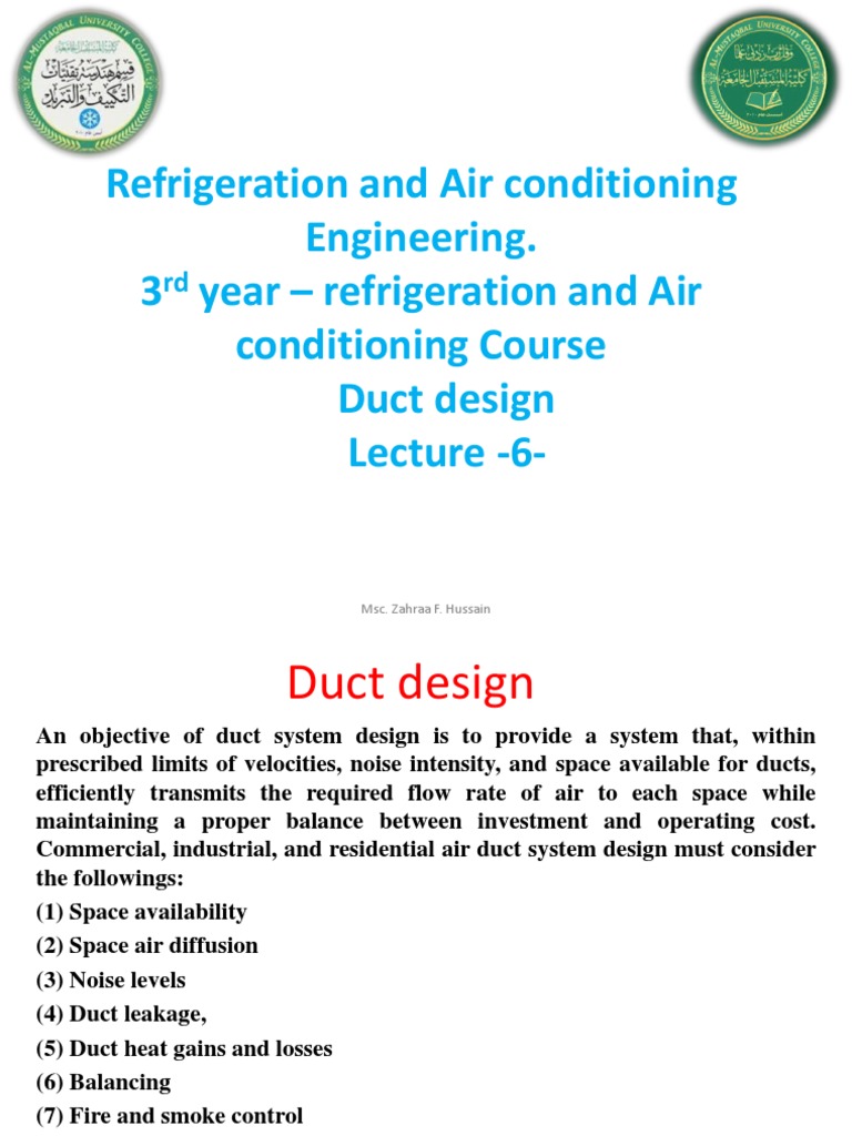 Lecture 6 Duct Design. PDF Duct (Flow) Home Appliance