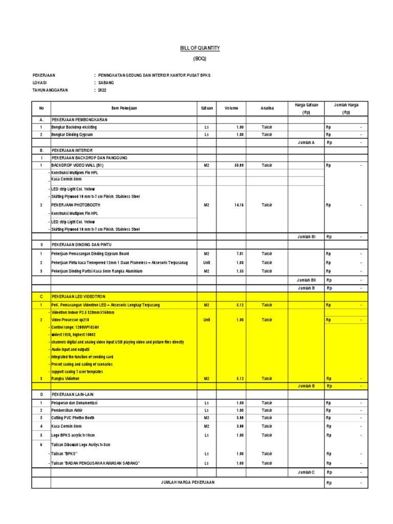 BOQ Pekerjaan Interior Kantor BPKS | PDF