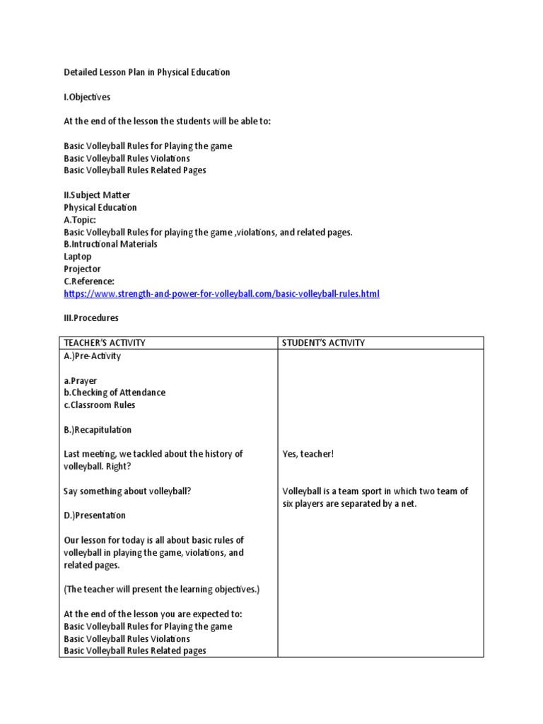 Detailed Lesson Plan In Physical Education Pdf Volleyball