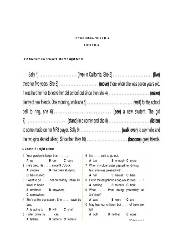 Test Initial Clasa A IX | PDF | Language Arts & Discipline