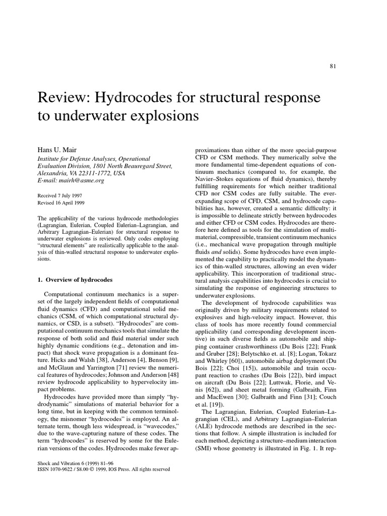 Review Hydrocodes For Structural Response To Underwater Explosions PDF