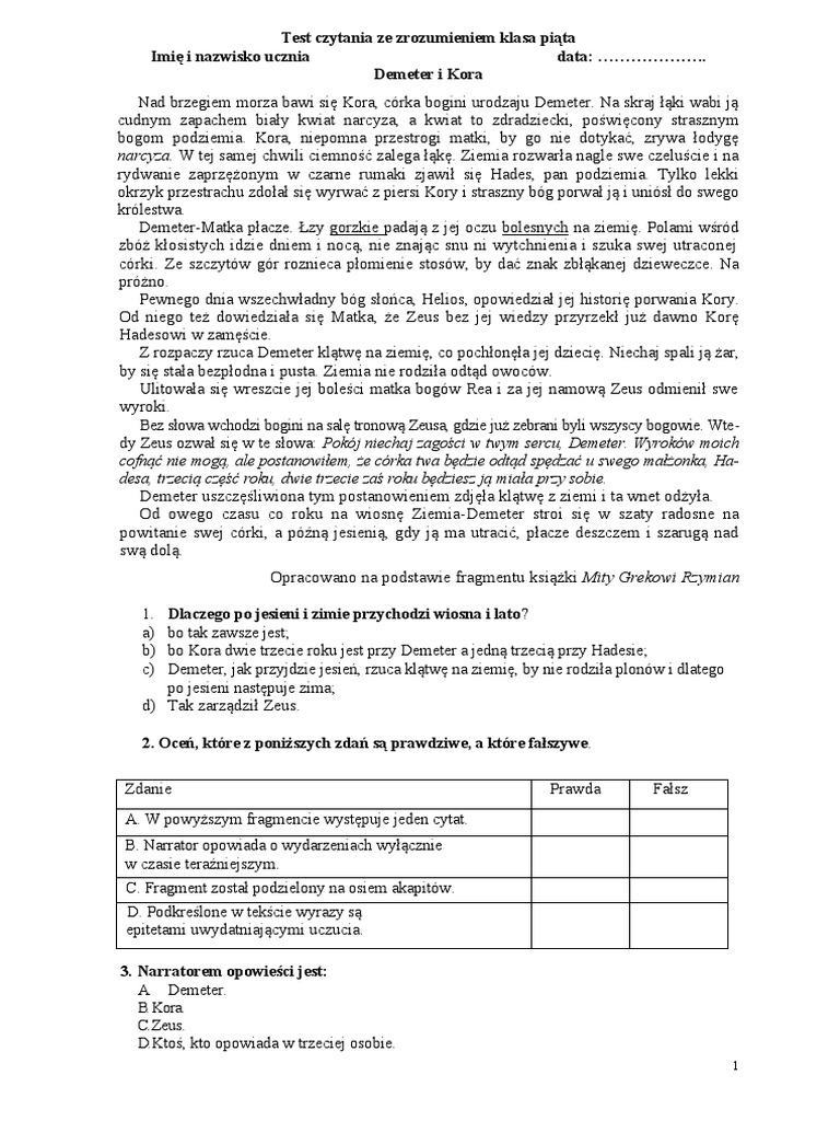 Demeter I Kora Klasa 5 Demeter I Kora - Test kl.5 | PDF