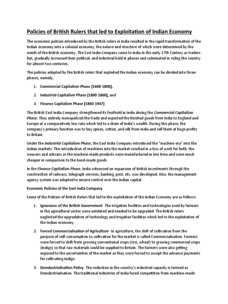 Policies of british rulers that led to exploitation of indian economy