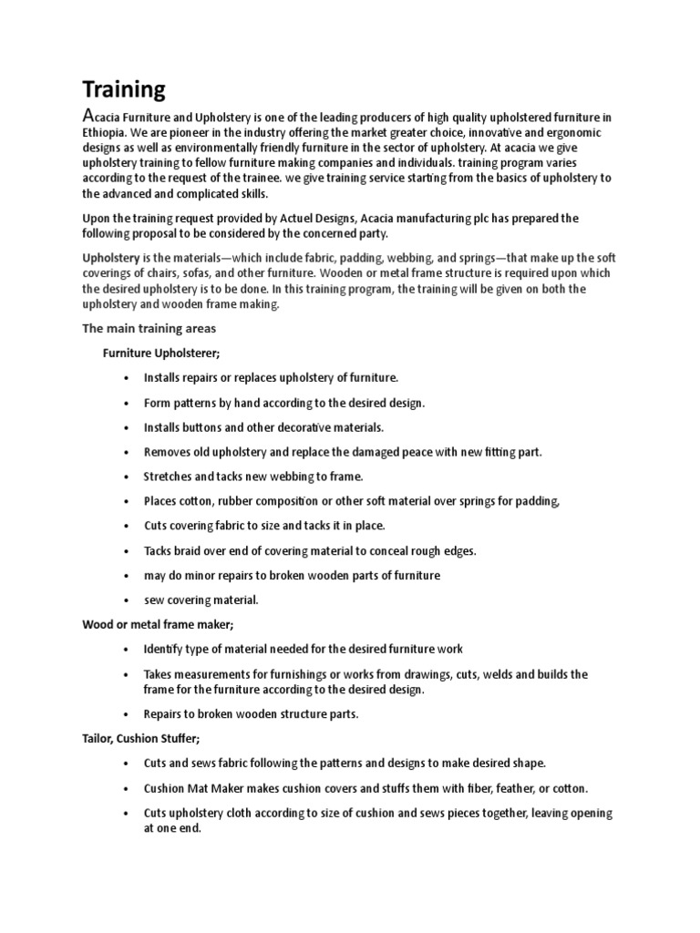 Acacia Furniture and Upholstery Training Proposal PDF Upholstery