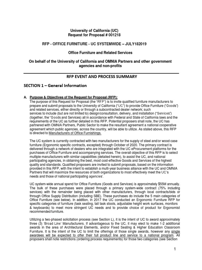 RFP Office Furniture PDF University Of California Request For