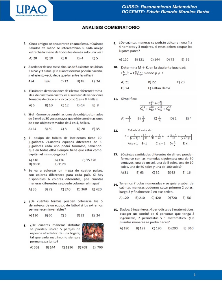 Análisis Combinatorio en Razonamiento Matemático | PDF | Métodos y ...