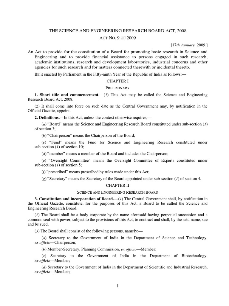 The Science and Engineering Research Board Act 2009 PDF Financial