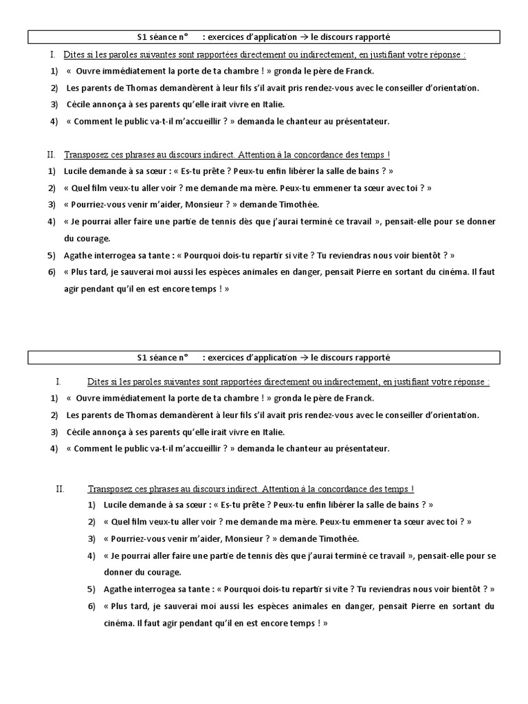 Exercices sur le discours rapporté | PDF