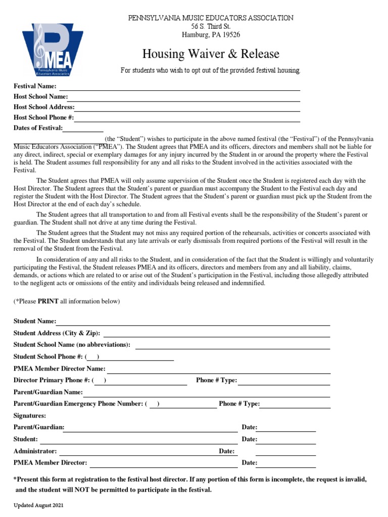 Housing Waiver Release Form PDF Business Law Civil Law (Legal System)