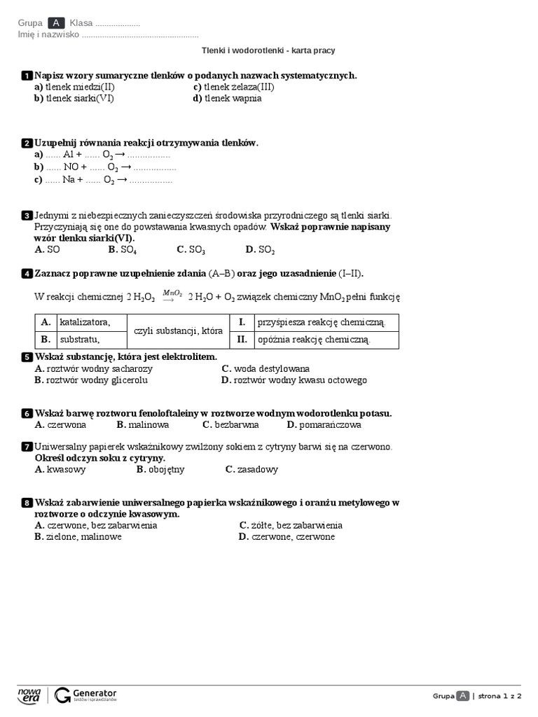 Wodorotlenki Klasa 7 Zadania Tlenki I Wodorotlenki - Karta Pracy | PDF