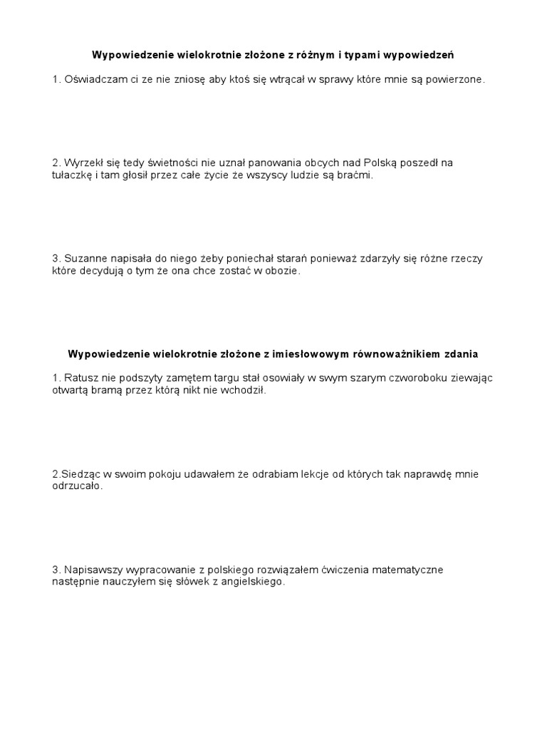 Zdania Złożone Współrzędnie I Podrzędnie ćwiczenia Pdf
