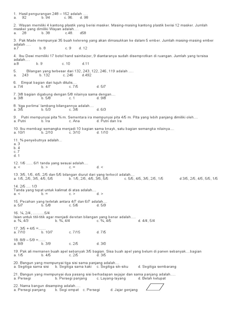 Soal Matematika Kelas 3 SD dan Jawaban | PDF | Metode & Bahan Ajar ...