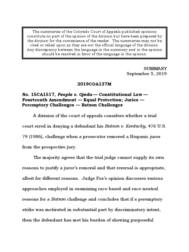 People v. Ojeda Colorado Court of Appeals 2019 Ruling PDF Batson V