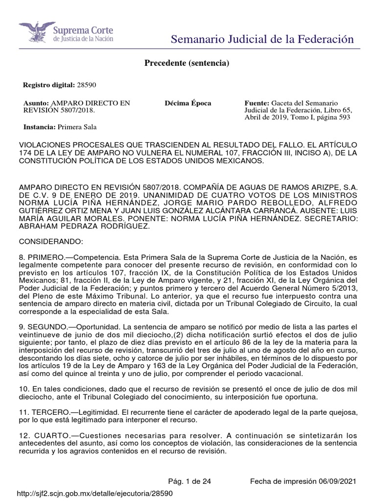Amparo Directo en Revisión 5807-2018 | PDF | Sentencia (ley) | Ley procesal