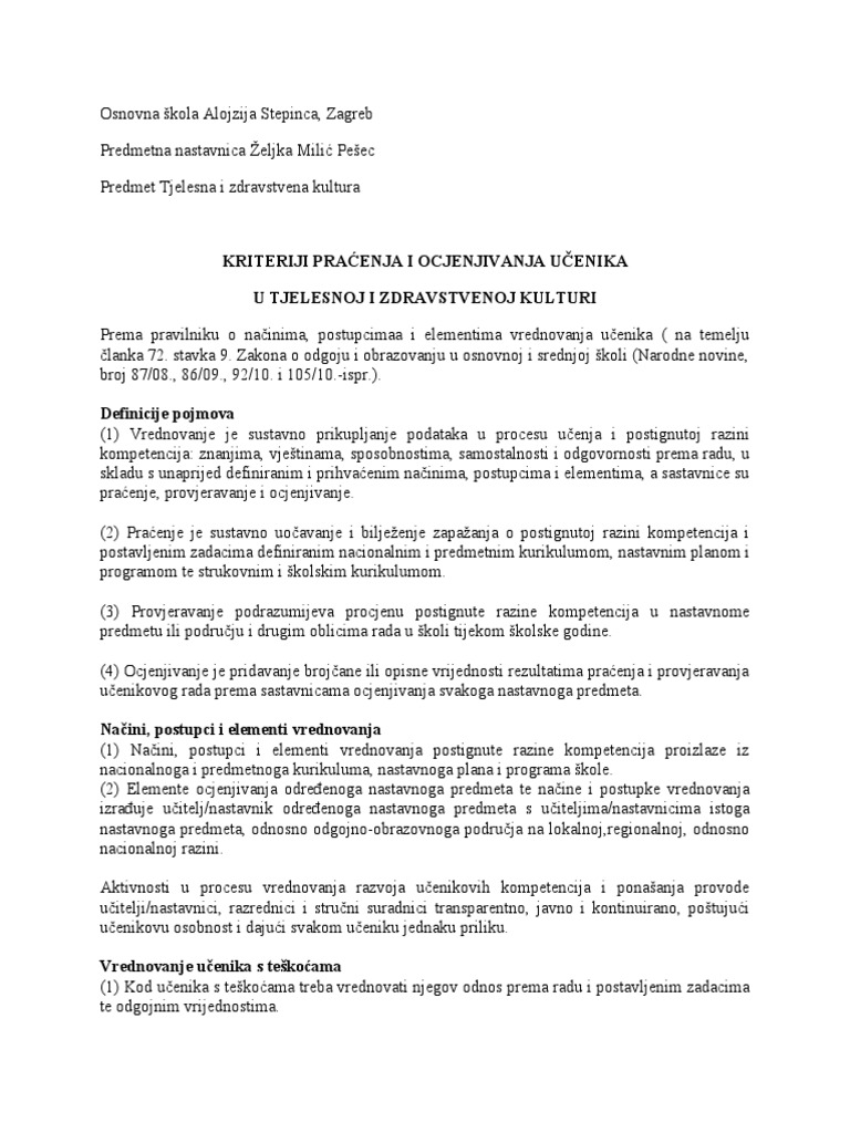 KRITERIJI Ocjenjivanja U Tjelesnoj I Zdravstvenoj Kulturi | PDF