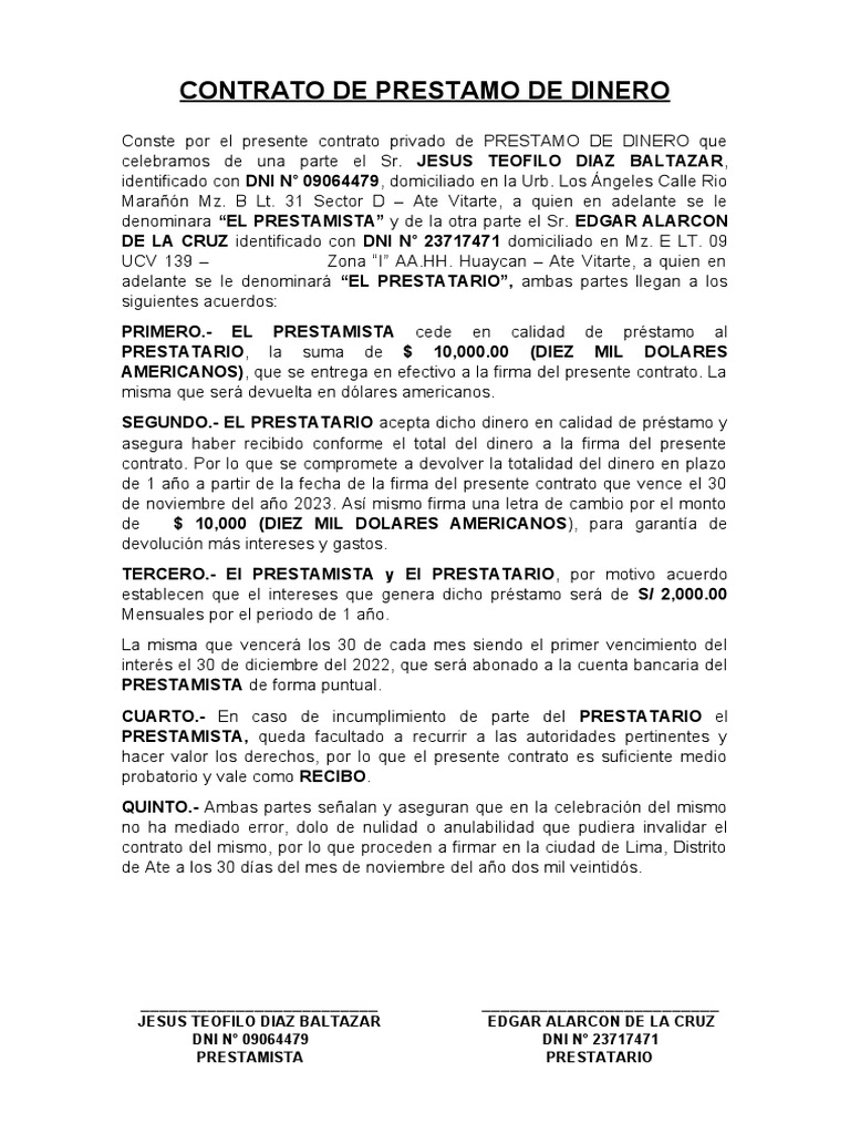 Contrato de Préstamo de Dinero en Efectivo | PDF | Dinero
