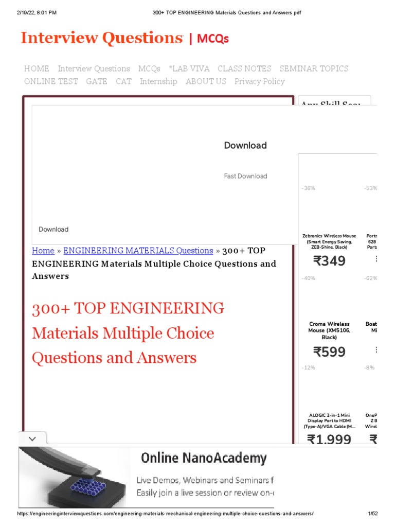300+ TOP ENGINEERING Materials Questions and Answers PDF PDF Cast